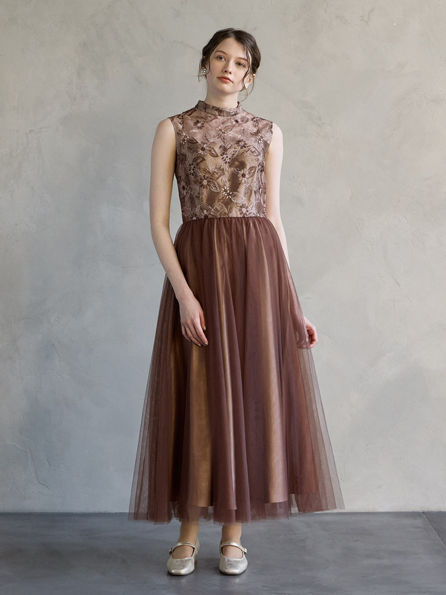 チュール刺繍レースアンクル丈ドレス(M ブラック): AIMER | エメ