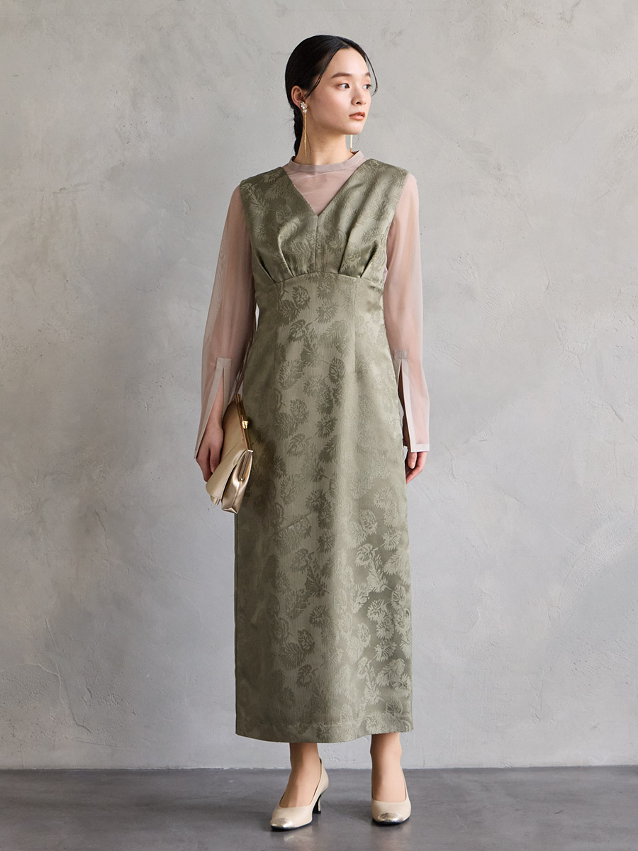 チュールブラウス付きジャカードIラインドレス(S イエローベージュ