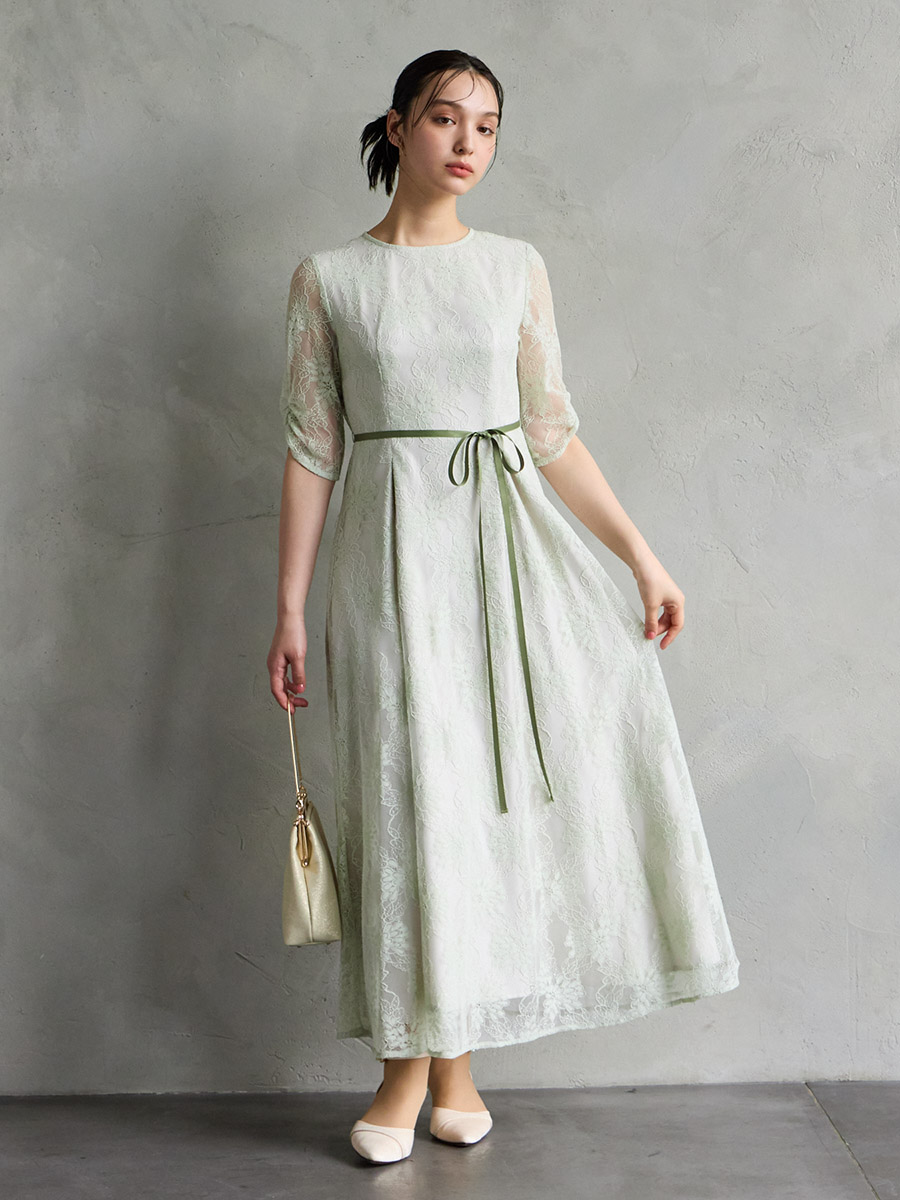 サテンリボンベルトラメレースドレス(S ピンクベージュ): AIMER | エメ