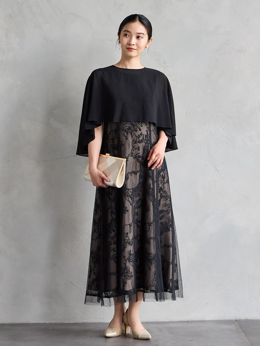 ケープ付きチュールレース刺繍ドレス(M ブラック): AIMER | エメ