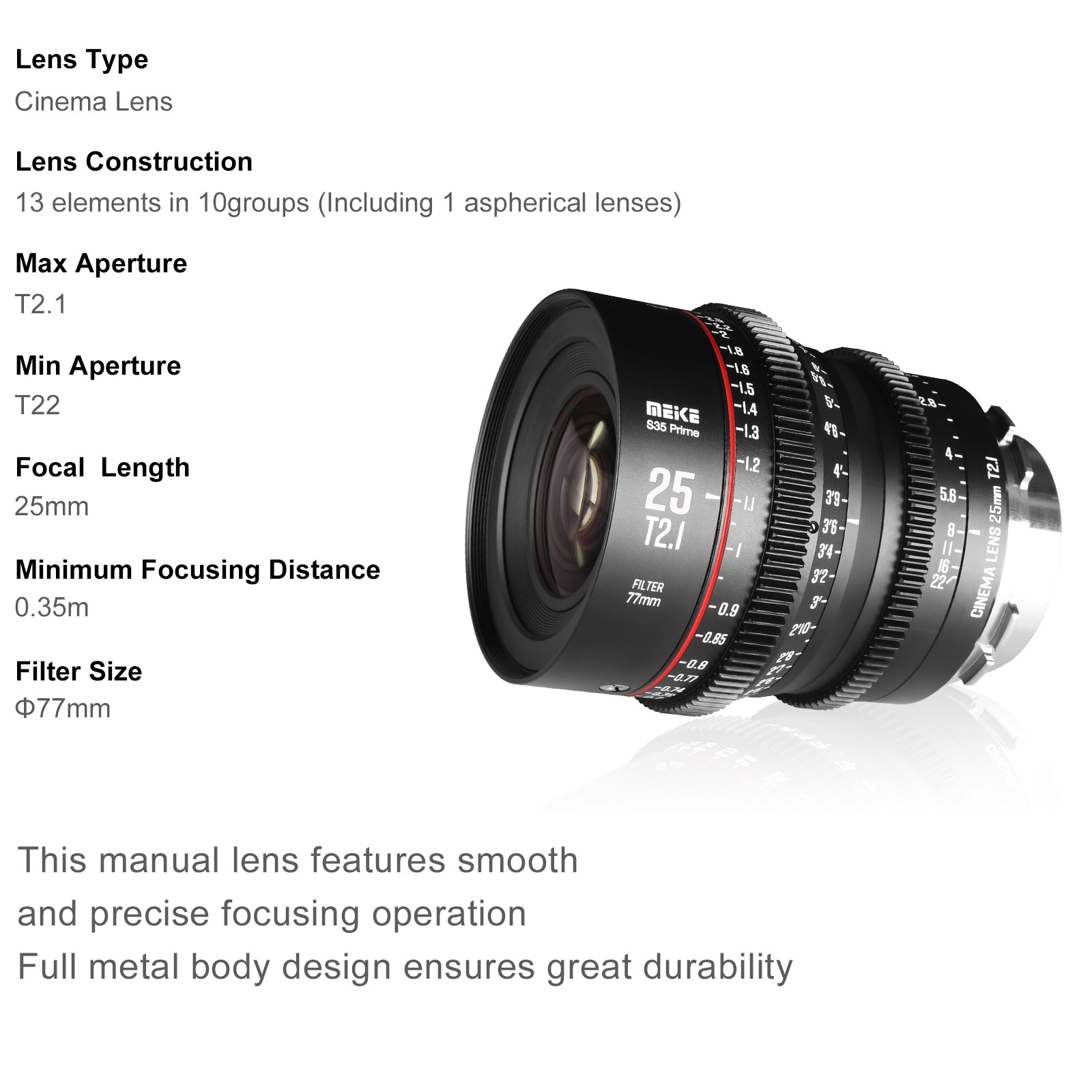 Meike Super 35 Prime Cinema Lens-25mm T2.1 for Canon EF-Mount/Arri PL-