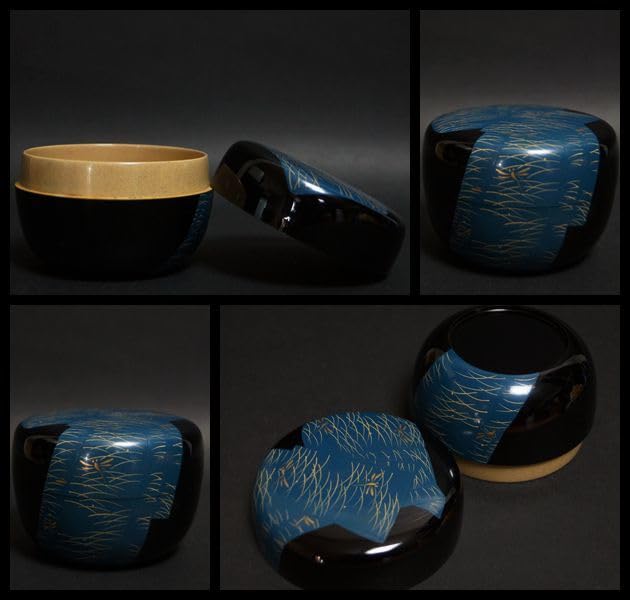 茶道具輪島塗蒔絵師池端秀斉作芒蒔絵銀粒細中次共箱