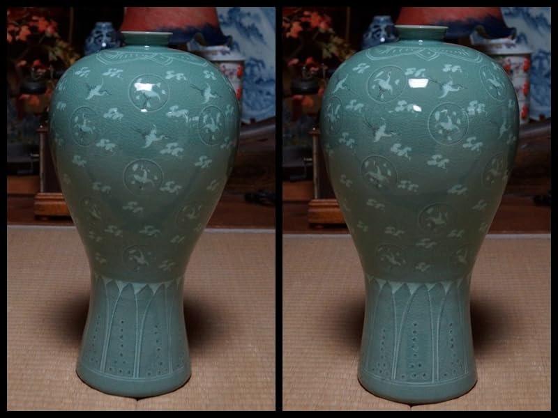 青山作 特大壺 青磁 透かし 雲鶴紋 二層網目 訳あり 花瓶 網目彫 緑色