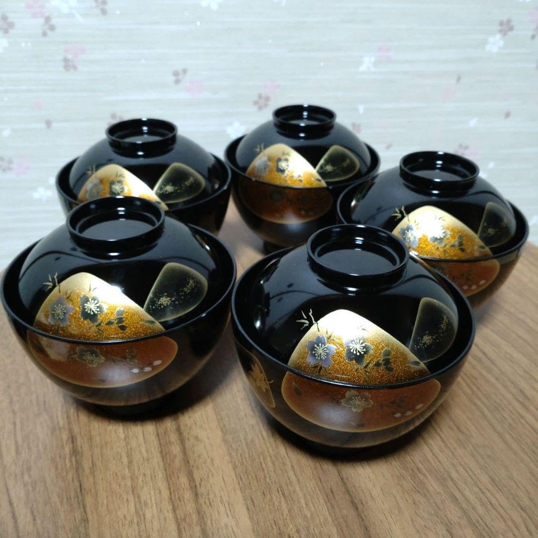 漆器】坂本乙造作 蒔絵 本漆仕上 御吸物椀 五客 未開封 会津塗