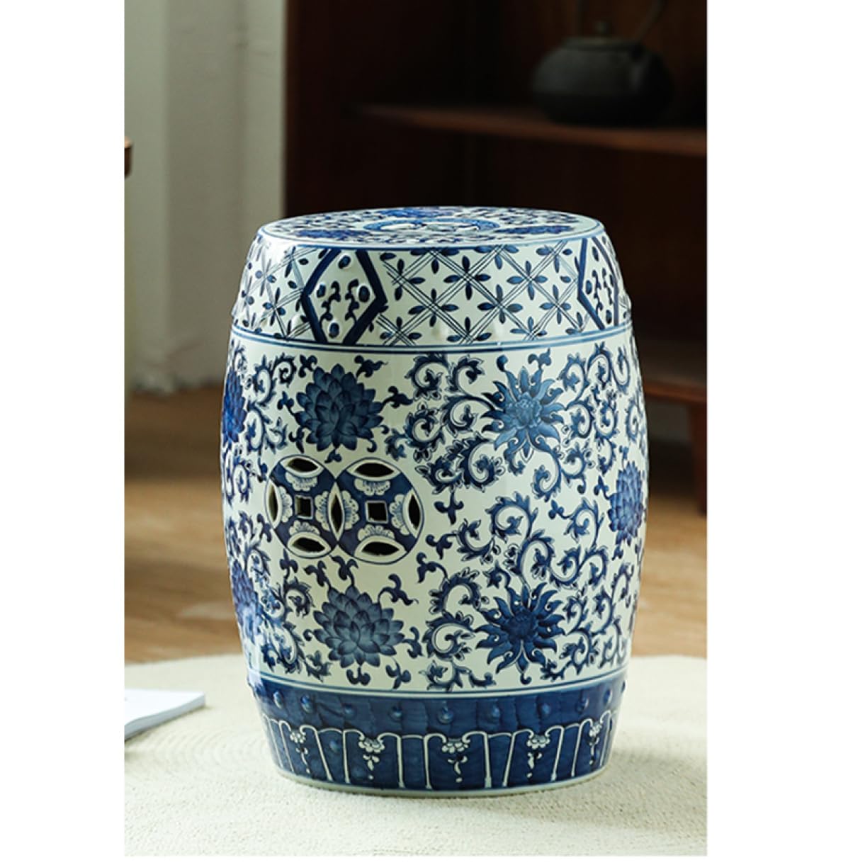 陶器製 高品質 椅子 花台 飾台 スツール フラワーベース 鳳凰文 染付