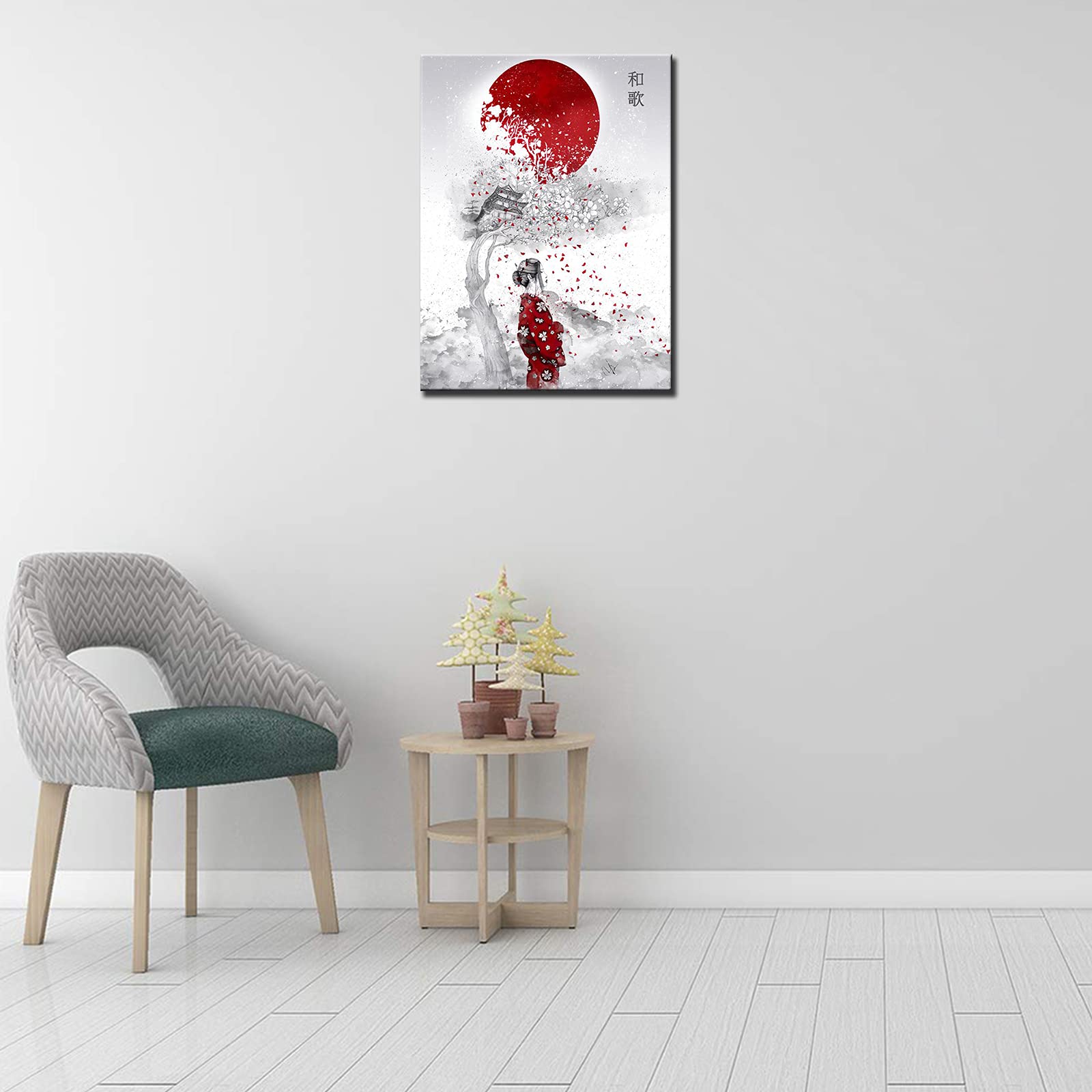 キャンバス油絵 よっこ クールな配色のテーブル 大きいキャンバス縦