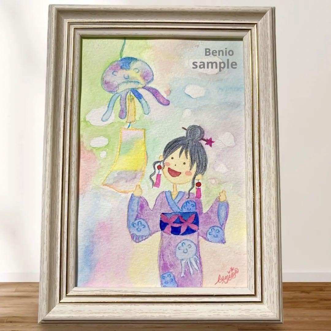 絵画手描きイラスト美人画水彩画原画浴衣眼鏡紫陽花