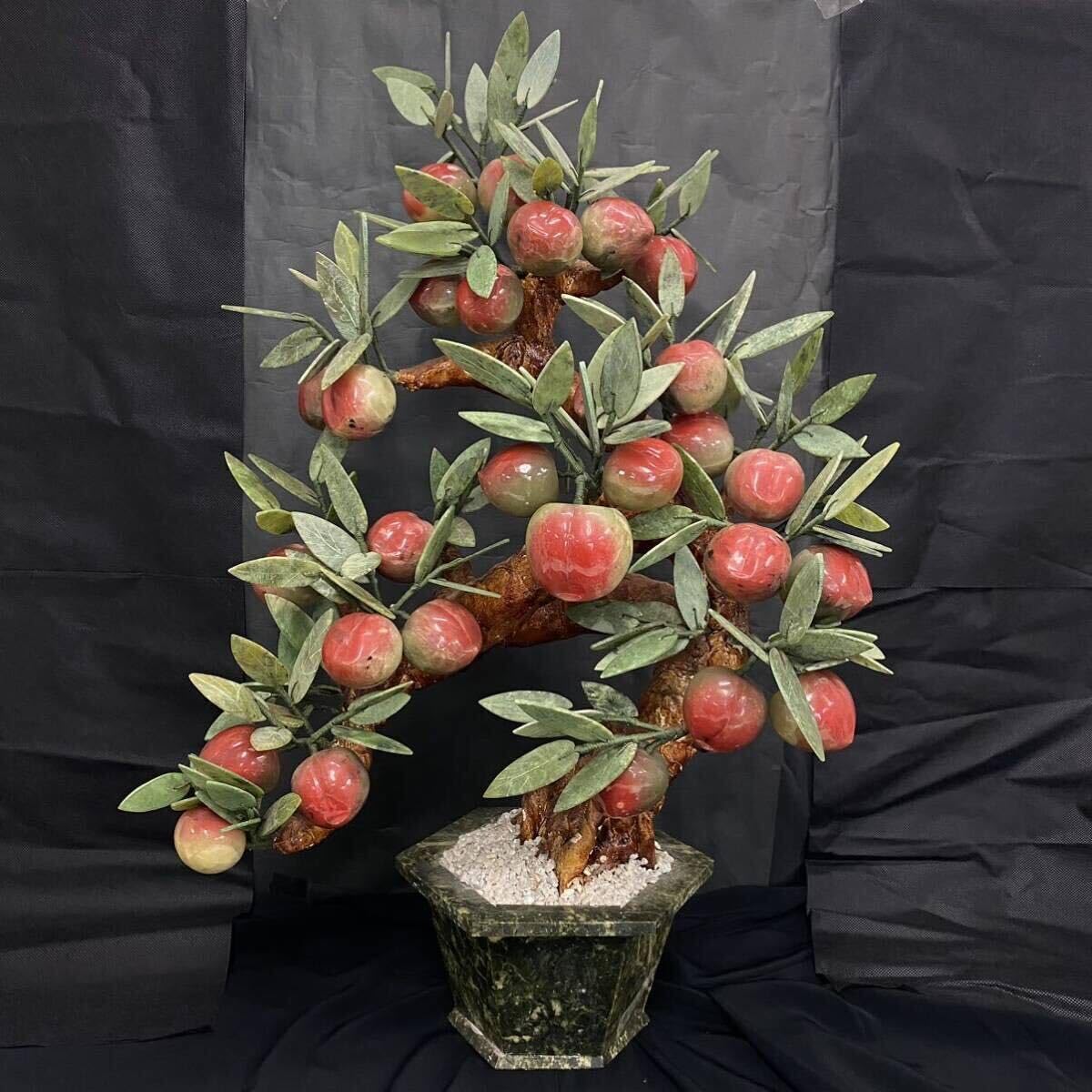 1184 中国美術 桃樹玉石 桃木玉石盆栽 景泰藍 石細工彫刻 置物 1184