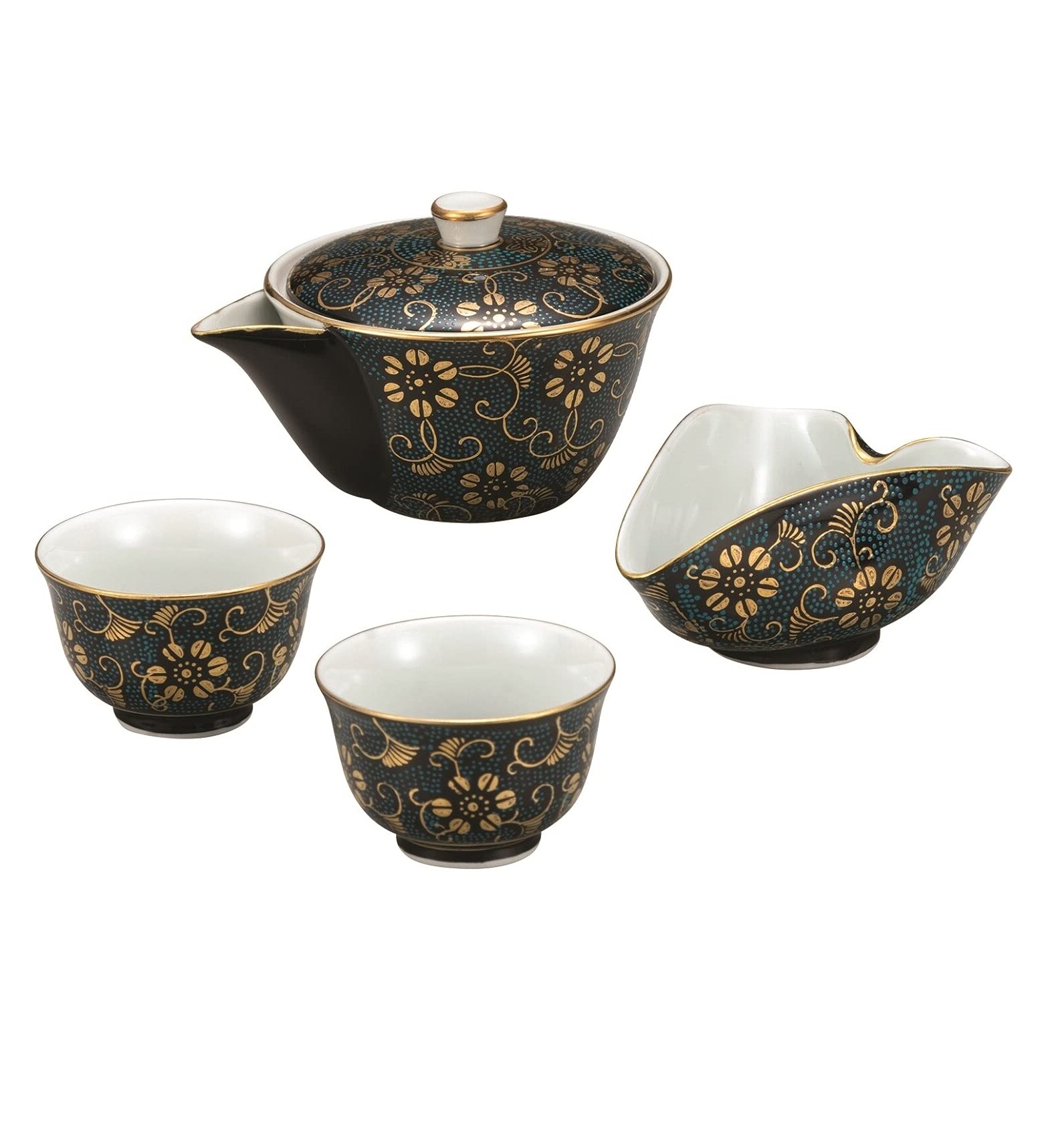 2340九谷焼 青九谷青花 染付山水 茶器セット 宝瓶1客 湯冷し1客 湯呑5