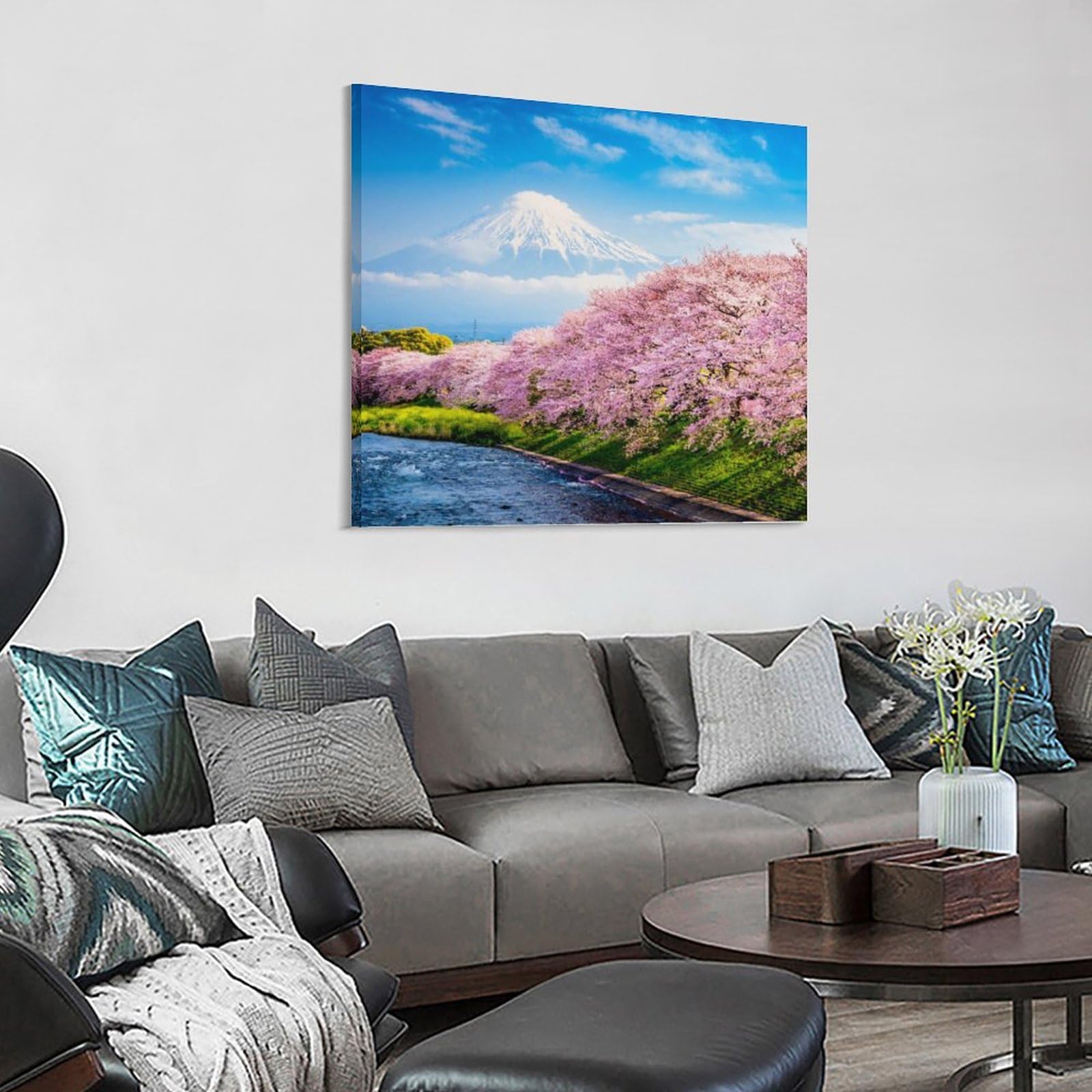Amazon.co.jp: 絵画 富士山の前の桜と川インテリア 絵画 日本の写真
