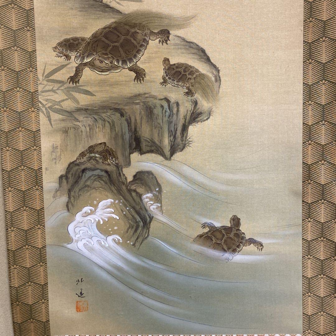 芳崖在名絹本三幅対【寿老人松鶴梅亀】祝い軸自題共箱613