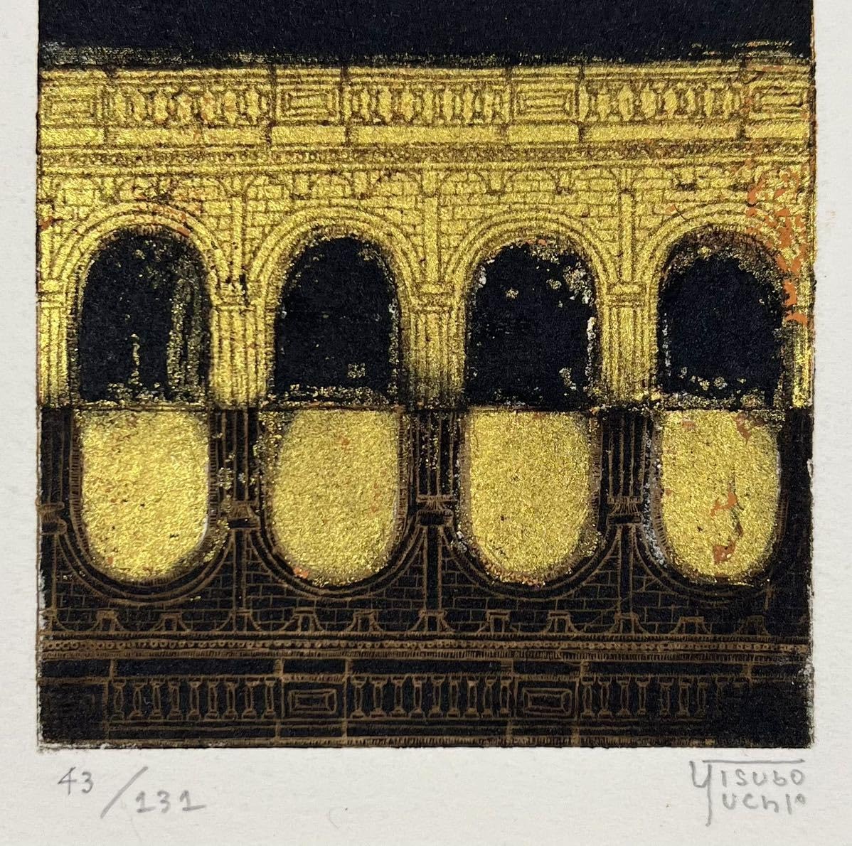 坪内好子 象と帆船のコンポジション 金箔＋銅版画＋手彩色32.5㎝×21.5