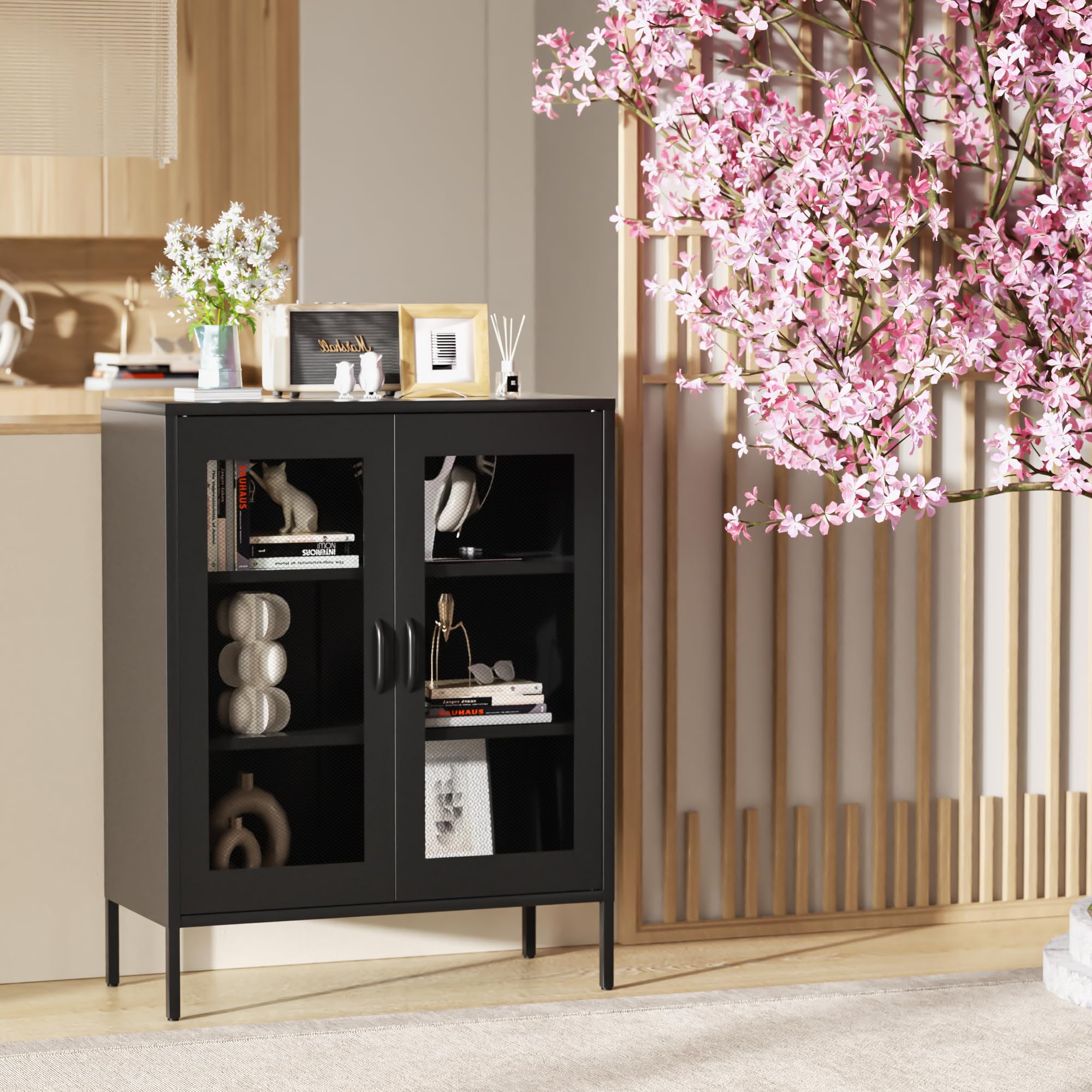 サイドボード 鋼製 キャビネット 扉付き リビング 収納 観音開き 調節