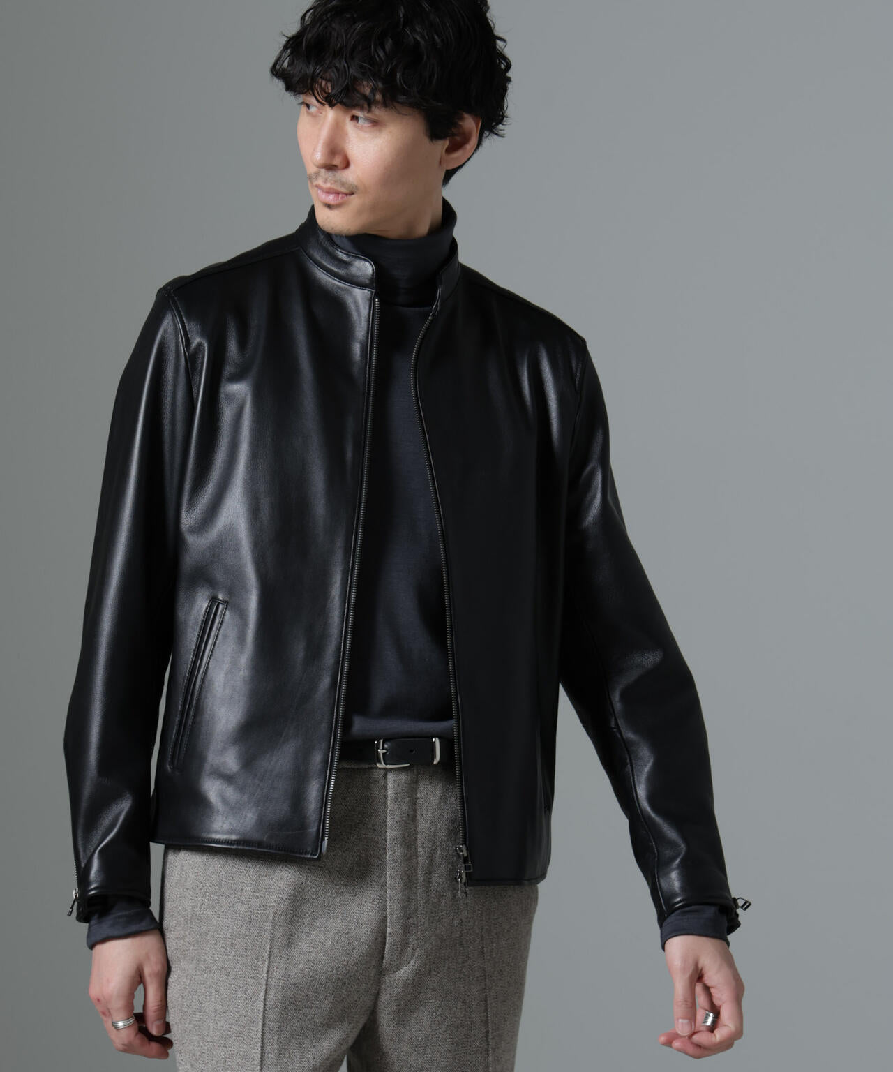 バンドカラーレザーシングルライダースジャケット | NANO universe