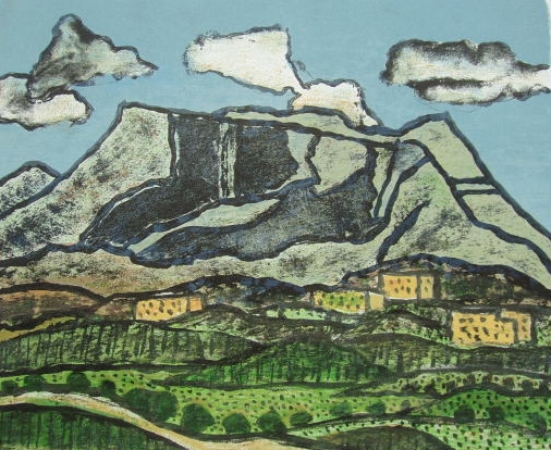 阿蘇の絵画をリトグラフの版画で制作した田崎廣助の阿蘇の絵「快晴の