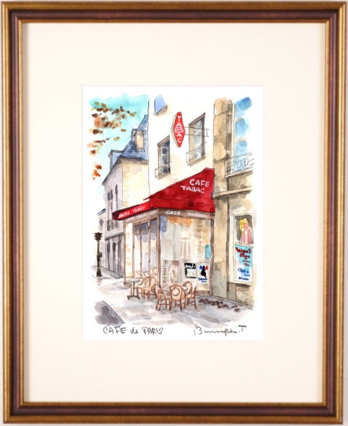絵画の水彩画で高橋文平が描いたフランスの絵「パリのカフェ」をご購入