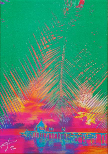 海の絵画をシルクスクリーンの版画で制作した山本薫の海の絵「楽園」を