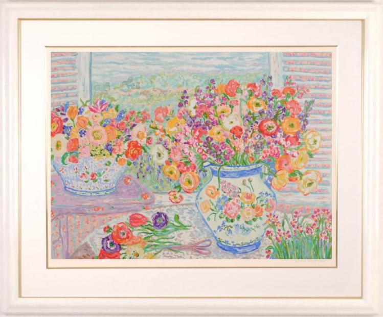 レスリー セイヤ 花畑の中 本人を描いた 105／250 シルク