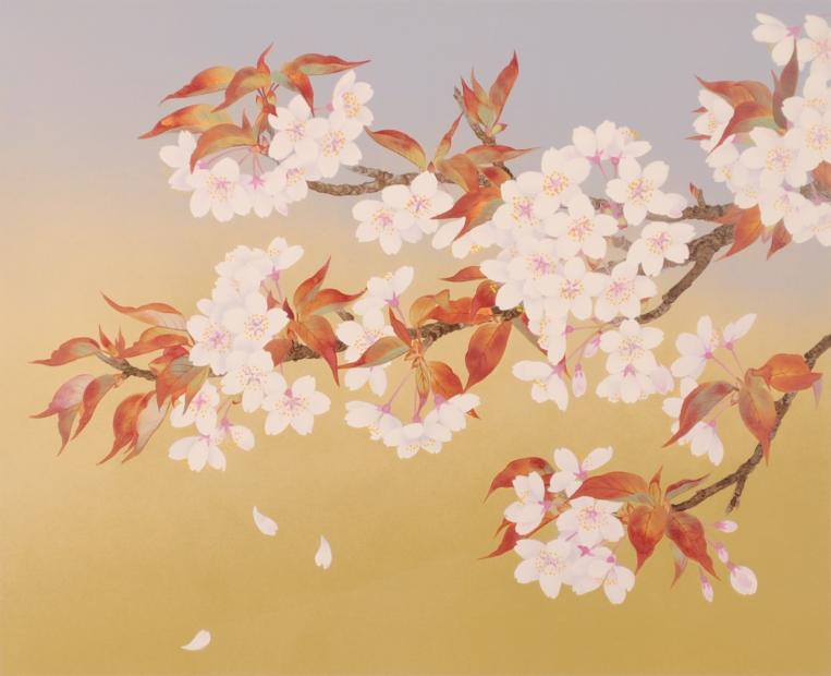 桜の絵画をリトグラフの版画で制作した森田りえ子の和の桜の絵「春秋花
