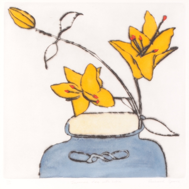 花の絵を銅版画で制作したリチャード・スペアの花の絵「日本の花器と