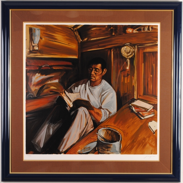 シルクスクリーンの版画で福山小夜が制作した高倉健の絵「零時」