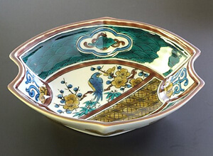 未使用品】 九谷焼 天然木工芸と九谷焼陶磁器の灰皿 古美術品 骨董品