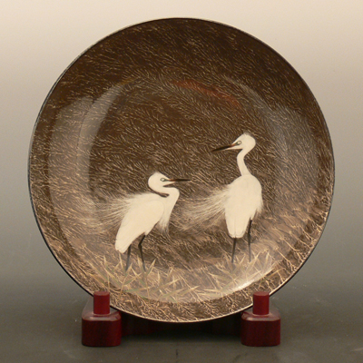 白鷺サギ絵皿(現川焼) 4客 9寸絵皿「白鷺文」 - 現川焼の伝統を守る