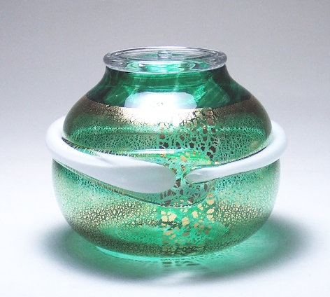 工芸ガラス 銅覆輪 葡萄文 鉢 唐木台付 時代箱付 H R4332 花台: 紫檀