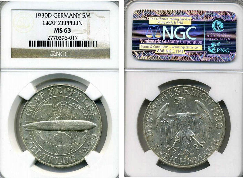 ドイツ ワイマール共和国 5マルク 1930年 グラフツェッペリン 未使用