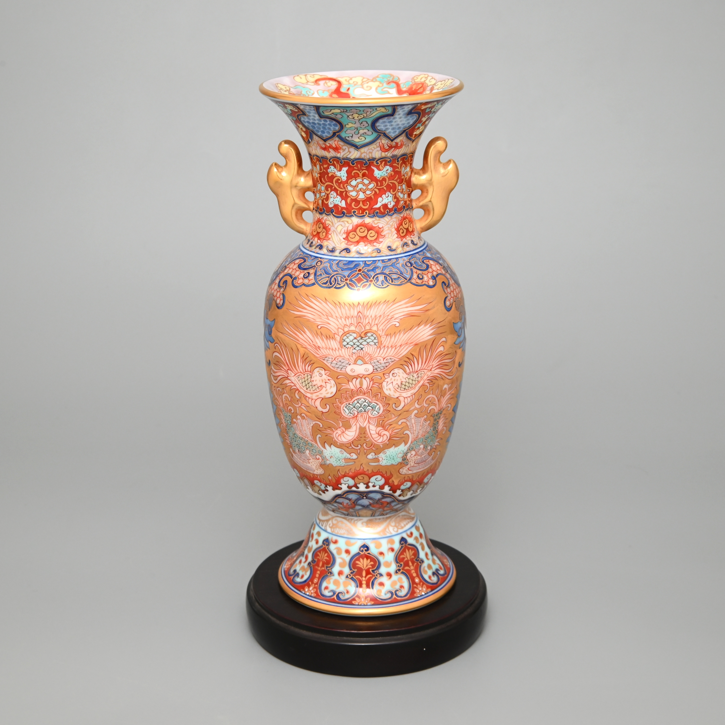 R106 彩色蒔金緑釉花鳥五稜梅瓶 花瓶（かびん）陶磁器 アンティーク 青磁