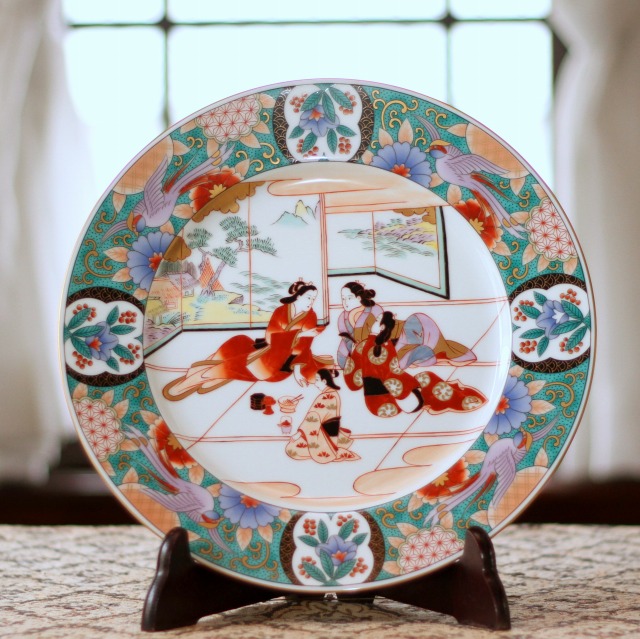 肥前 有田焼 山水 尺8大皿 峯右衛門作 2尺皿 特大飾り皿 皿立 額立て付