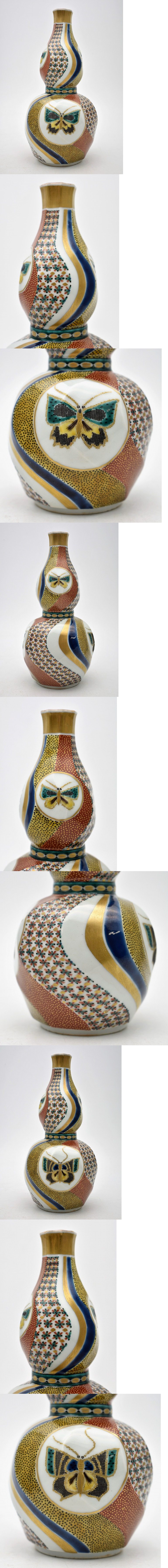 竜R713 九谷焼 北出塔次郎 色絵金彩蝶図 捻瓢形徳利 飾瓶 陶瓶 酒器