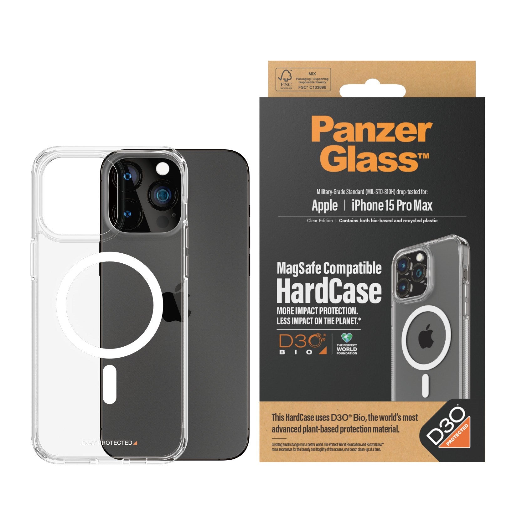 PanzerGlass® HardCase Transparent w. White MagSafe & D3O® iPhone 15 Pr