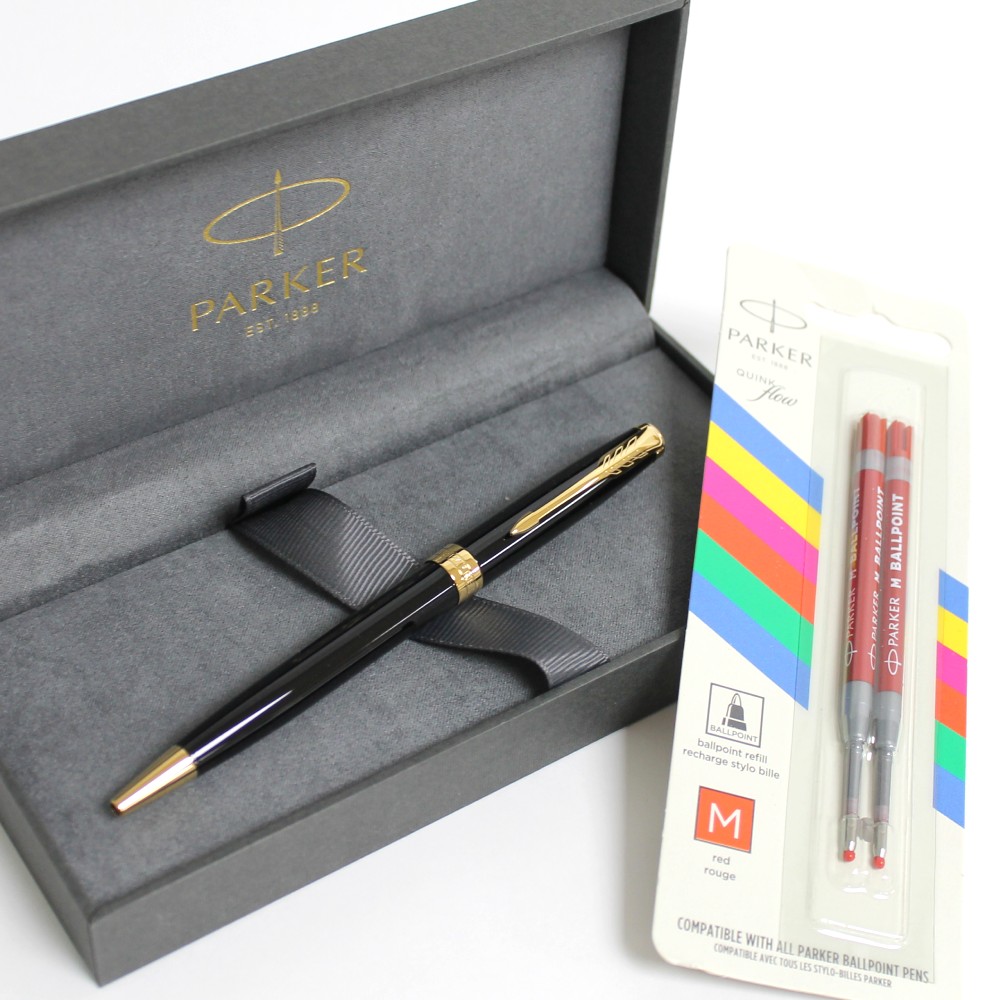 パーカーソネットボールペンラックブラックGT 純正赤M字替え芯2本付き