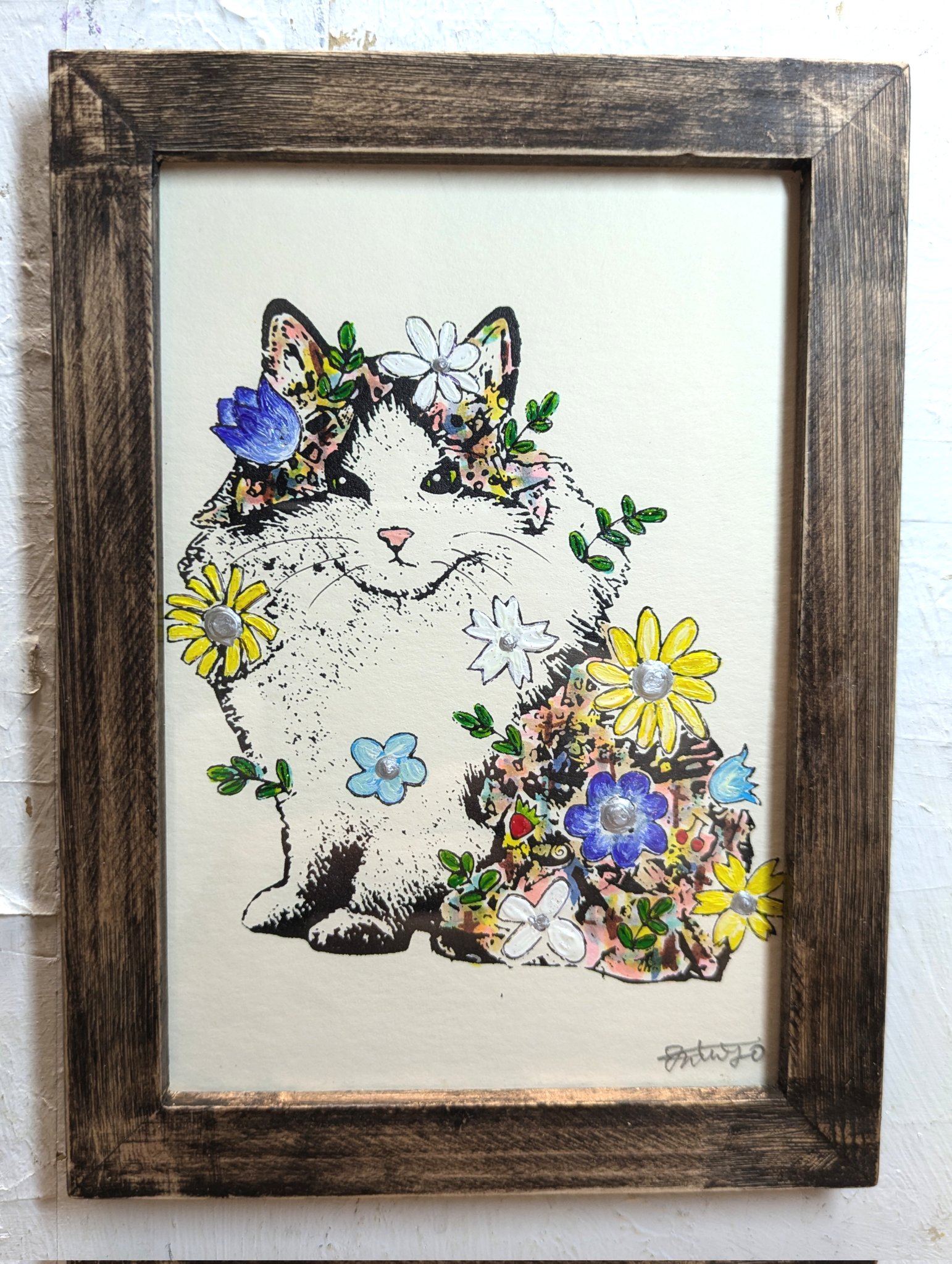 額付き銅版画応用絵画 title「よりそい猫」 【公式通販】