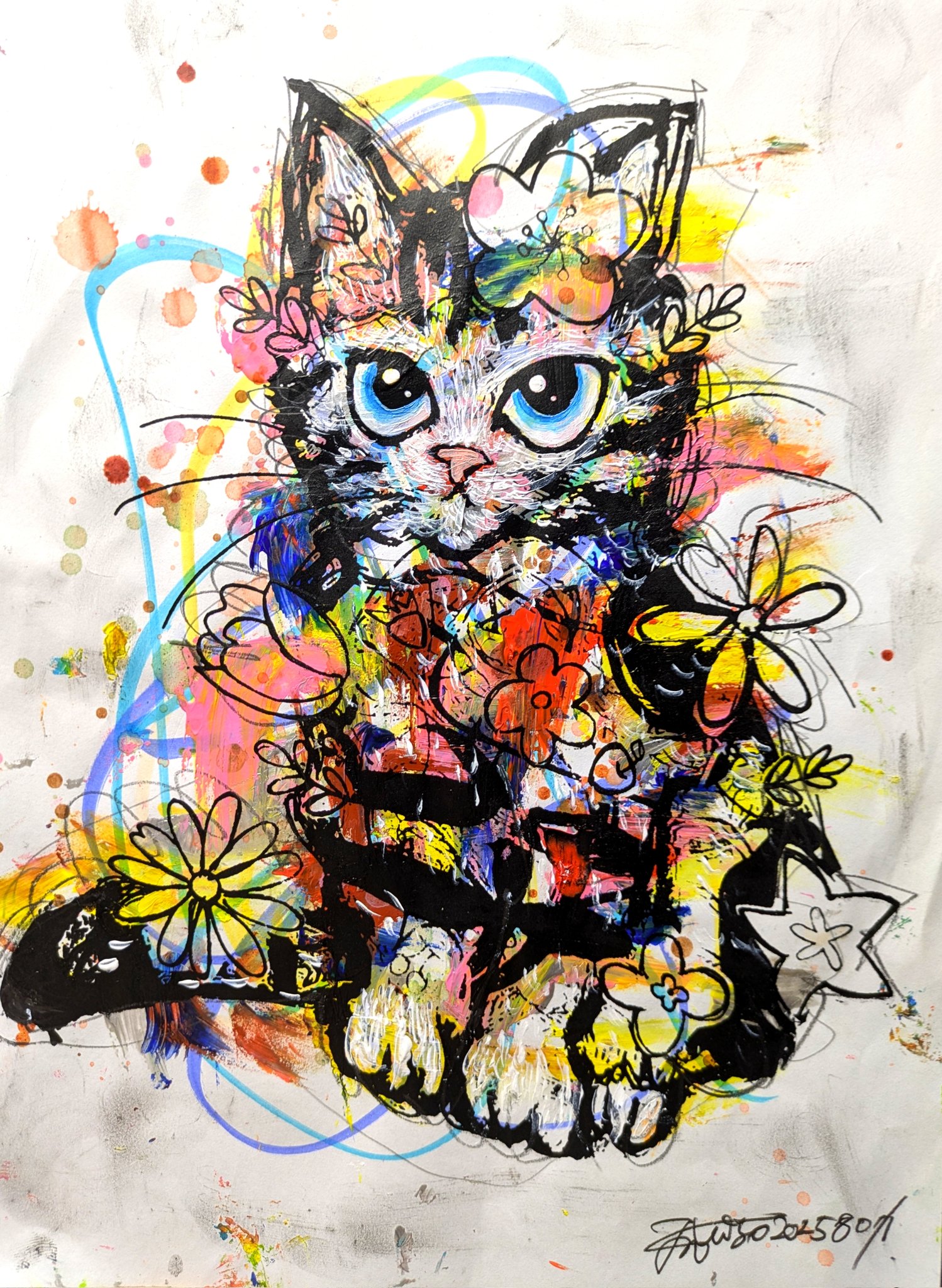 額付き銅版画応用絵画 title「お通りニャンコ」 ディスカウント 額付き