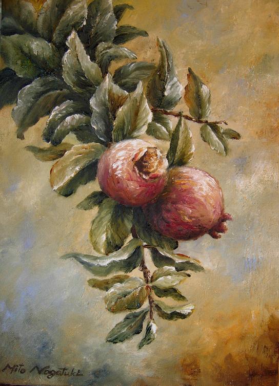 油絵（柘榴）ざくろ 油絵（柘榴）ざくろ 油絵「柘榴と木彫りの小鳥