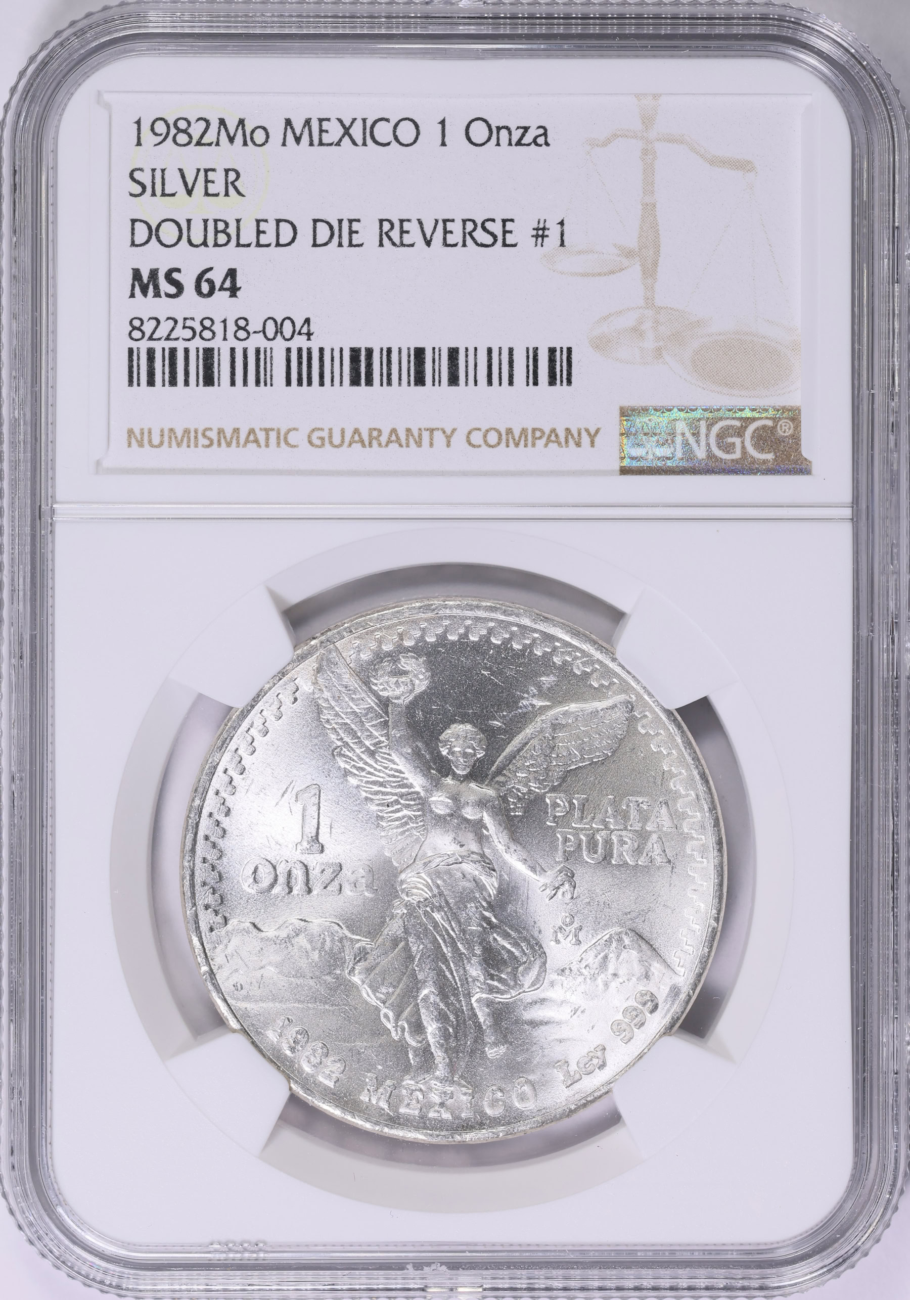 Mexico 1982-Mo Silver Onza Libertad Doubled Die Reverse #1 KM-489