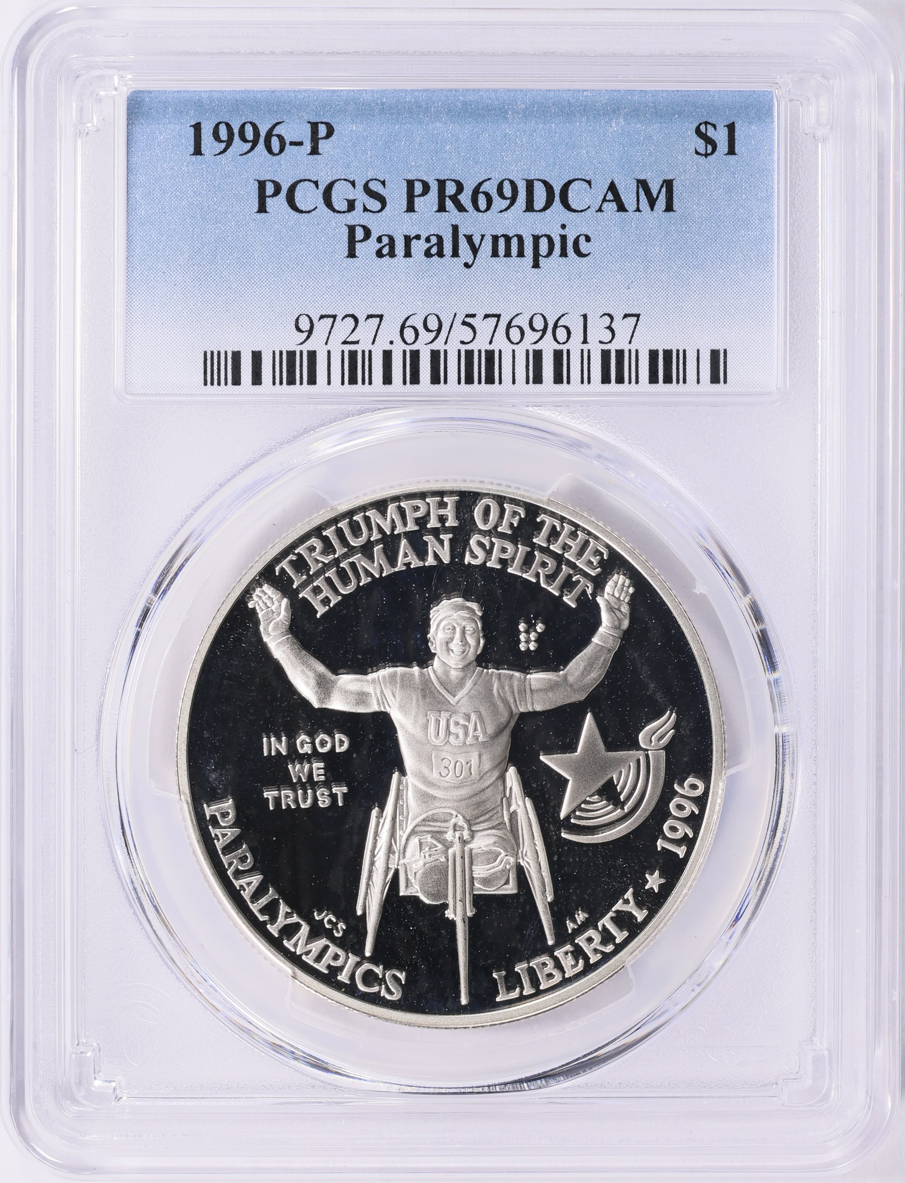 1996-P XXVI Olympiad Paralympic Wheelchair Silver Dollar PCGS