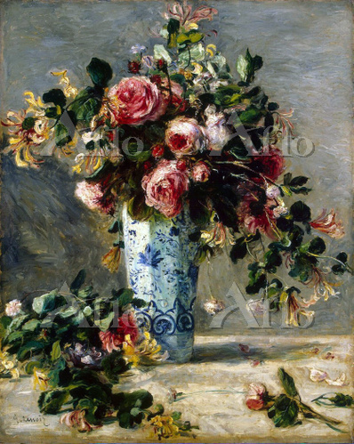 透明水彩画原画美しい薔薇とデルフト焼きの花瓶① ルノワール