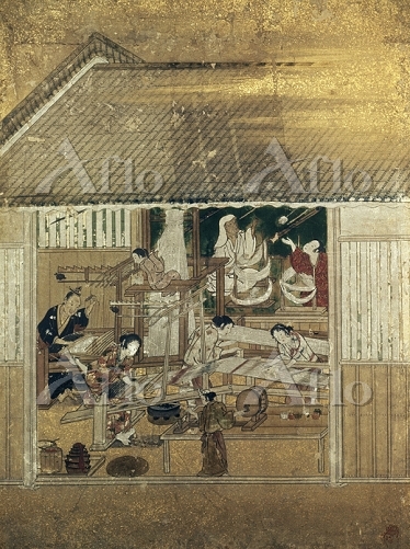 額装正絹染め江戸時代風俗絵「職人尽絵・機織図（しょくにんづくしえ