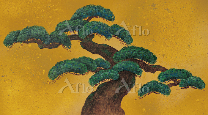 四つ折り屏風 日本画 金箔彩色 能松(舞台松) 四つ折り屏風 日本画 金箔