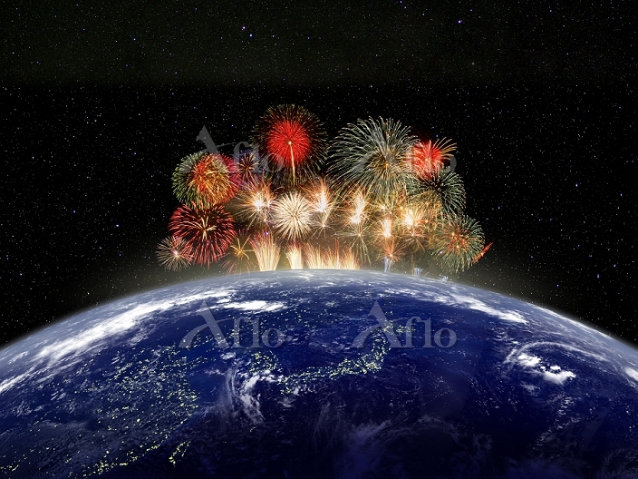 アジア圏の夜景地球と花火 [22177953]のイラスト素材 - アフロ