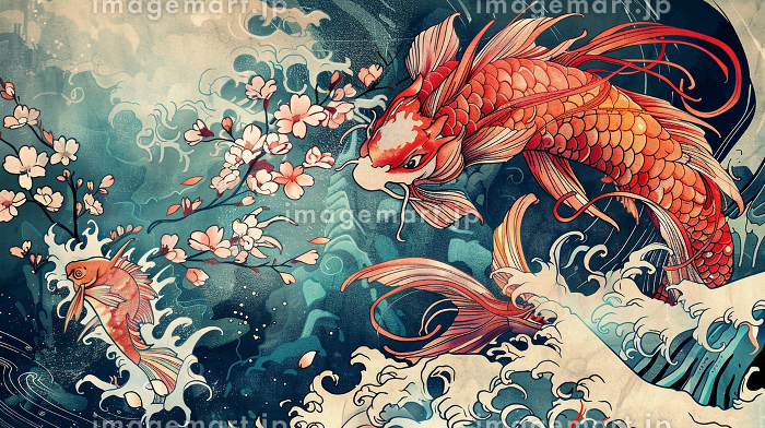 浮世絵風 波と魚のアート作品 絵画