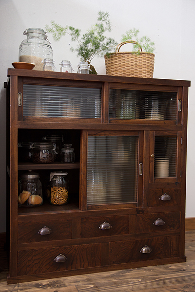 ◎○昭和レトロ 重ね式 ガラス引き戸棚 / ゆらゆらガラス / 食器棚 水