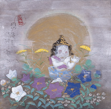 渡辺俊明「椿仏灯」墨彩画 額装 扇面 絵画 C 渡辺俊明「椿仏