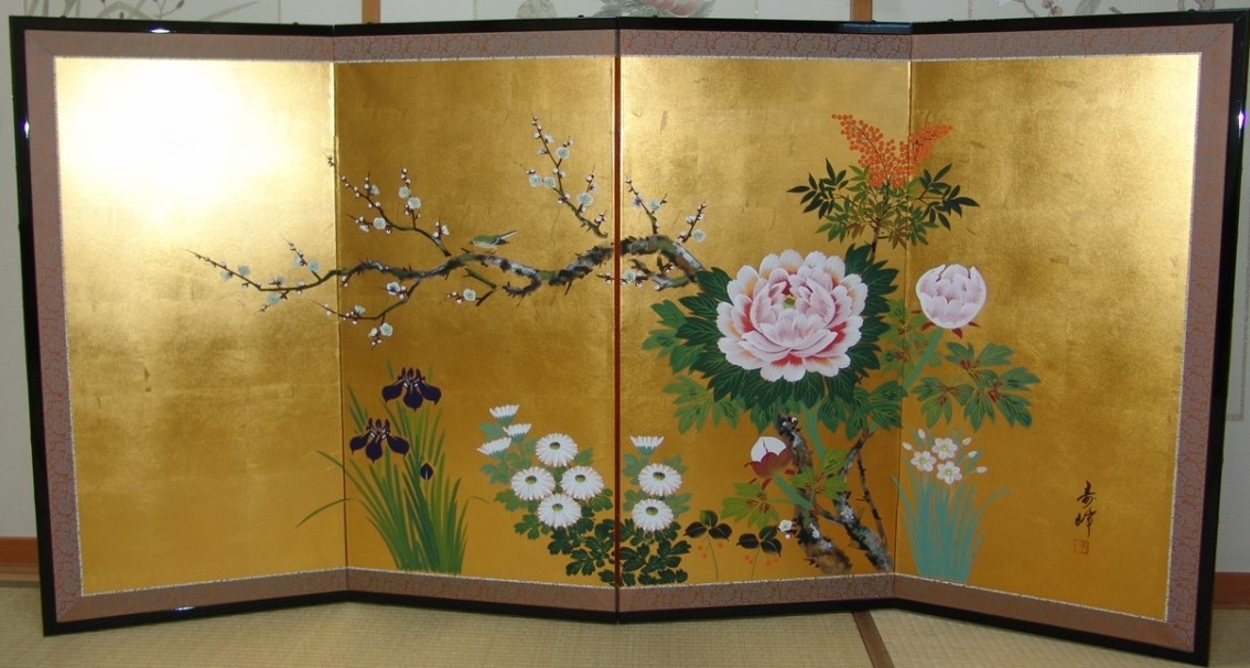 四つ折り屏風 日本画 金箔彩色 能舞い 四つ折り屏風 日本画 金箔彩色