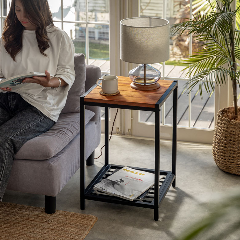 欅サイドテーブル 鉄家具 アイアンシェルフ ナイトテーブルコーヒー