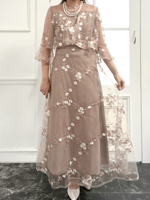 フラワー刺繍デコルテシースルーベルスリーブ袖ロングスカート
