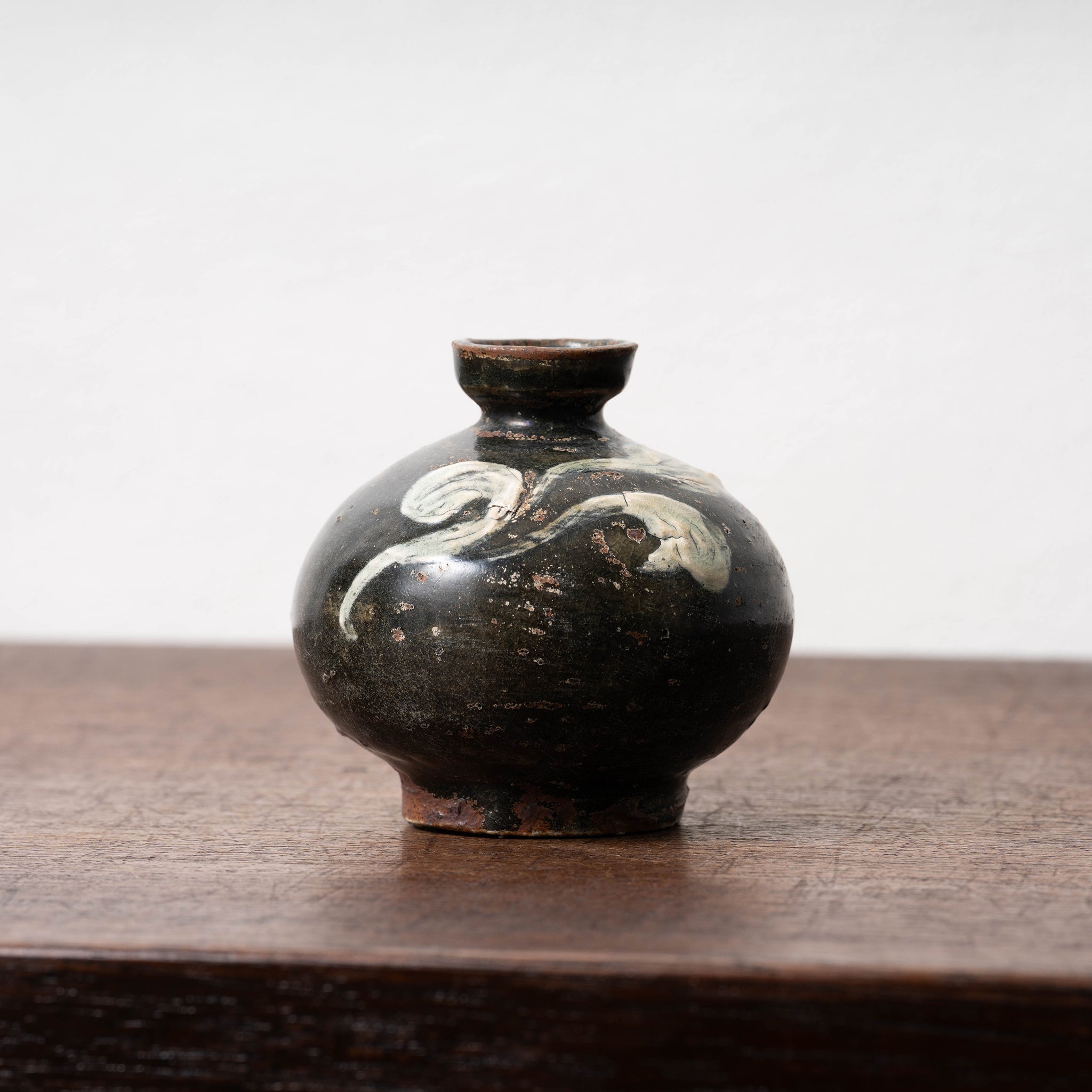 中国美術】『黒陶四耳唐子図壺』高さ：23cm花瓶花生置物黒釉